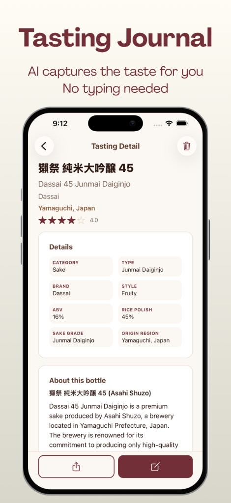 Tasting detail with AI-captured product info and ratings