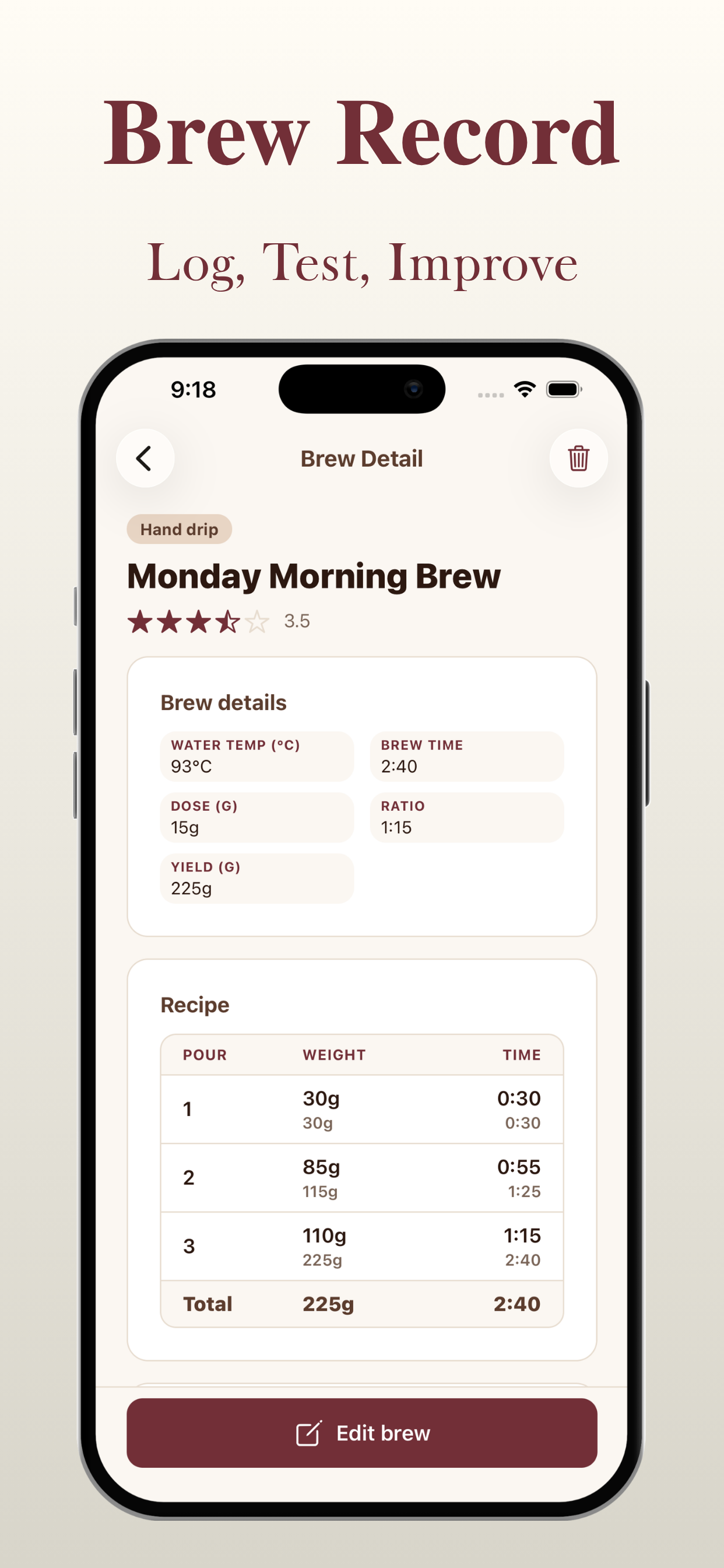 Brew record with recipe and ratings